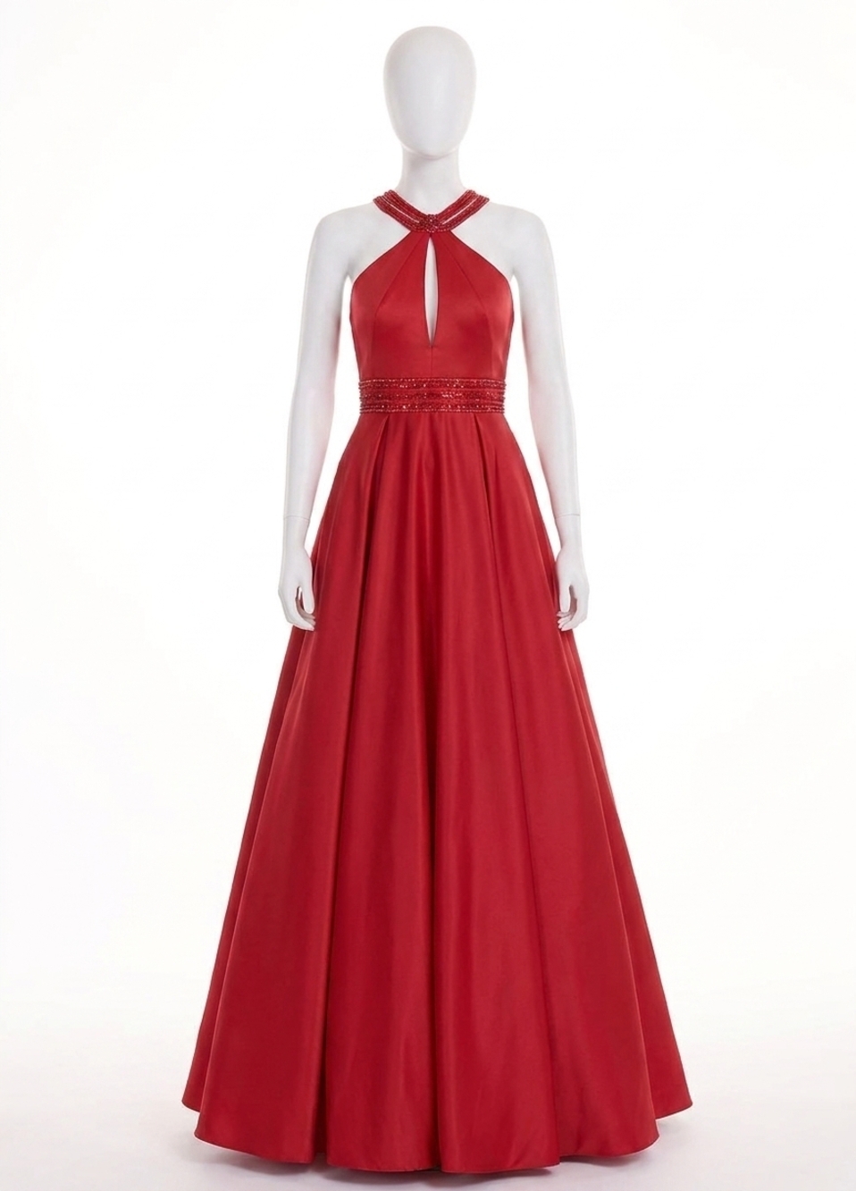 NEW RACHEL ALLAN matte satin halter neck prom gown in red